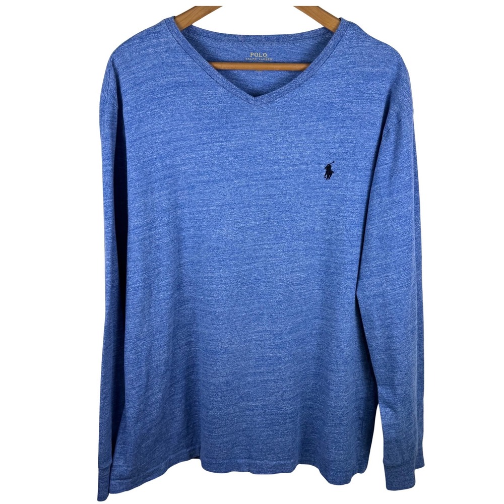 Polo Ralph Lauren Mens XL Blue Heathered Long Sleeve V-Neck Shirt Excellent